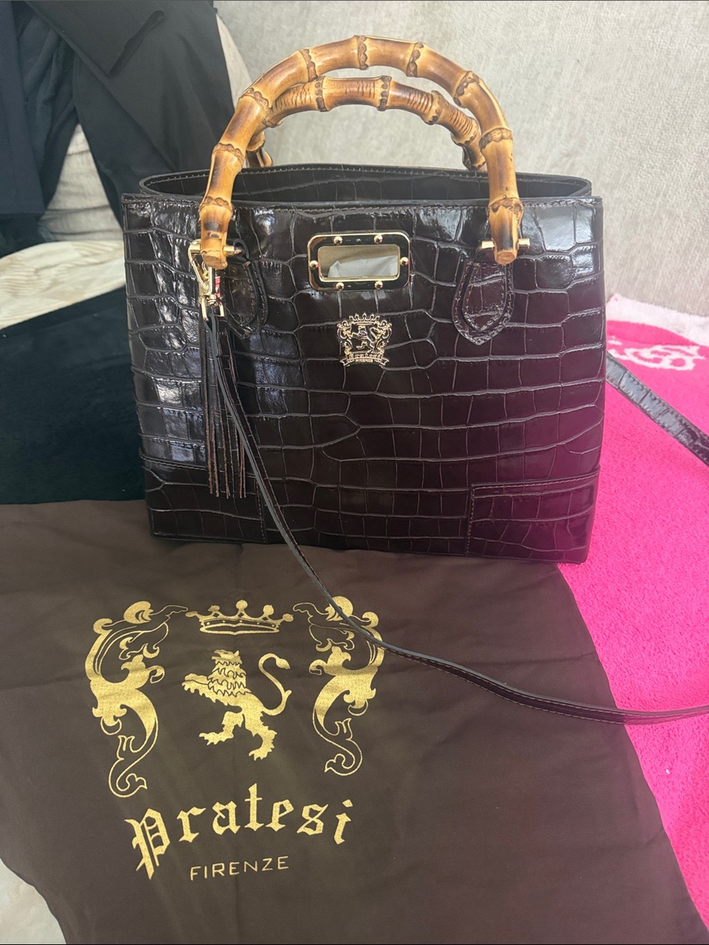 Firenze Brown Croc-Embossed Leather Satchel with Bamboo Handles